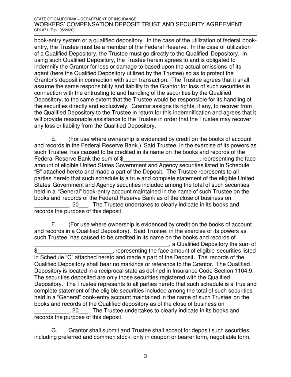 Form CDI-071 Workers Compensation Deposit Trust and Security Agreement - California, Page 3