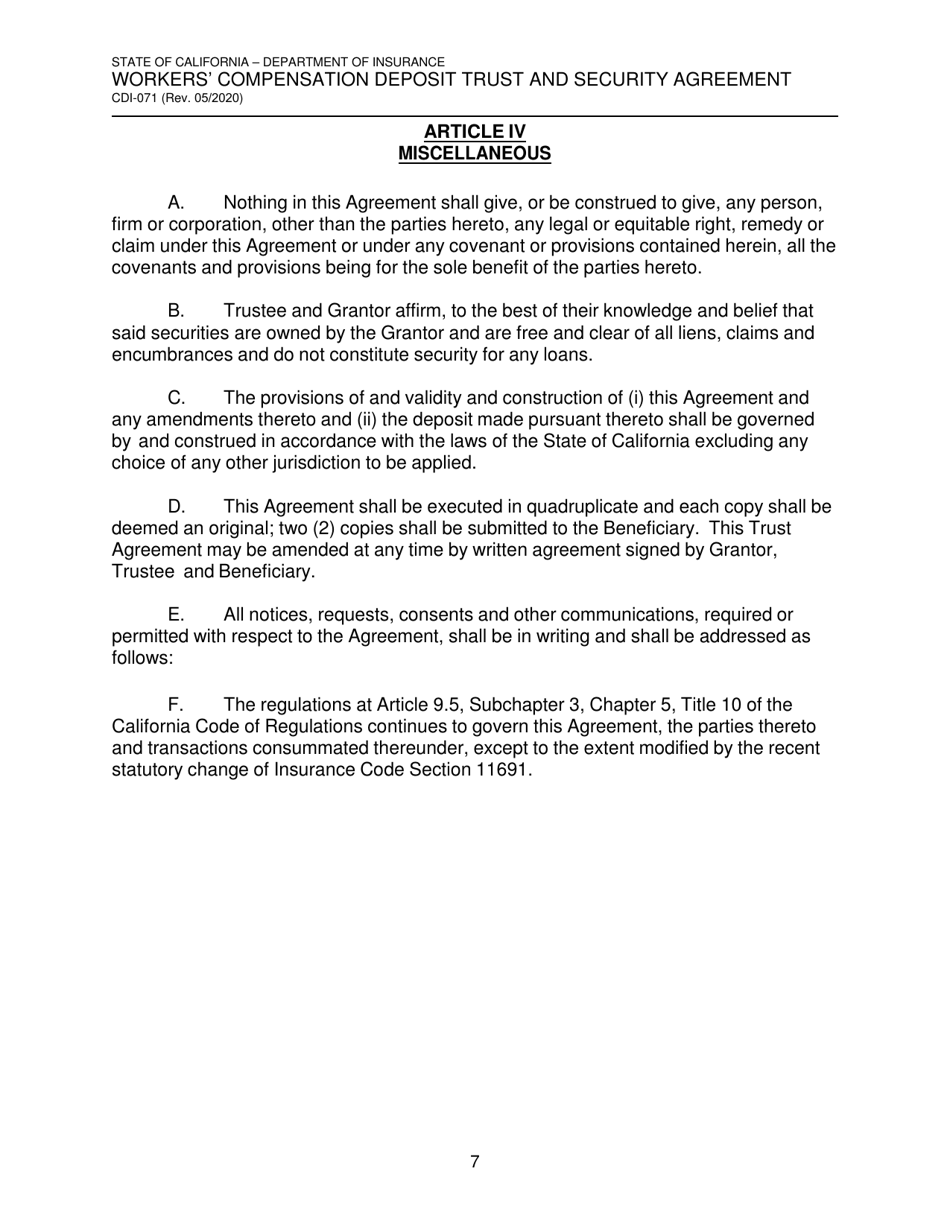 Form CDI-071 Workers Compensation Deposit Trust and Security Agreement - California, Page 7