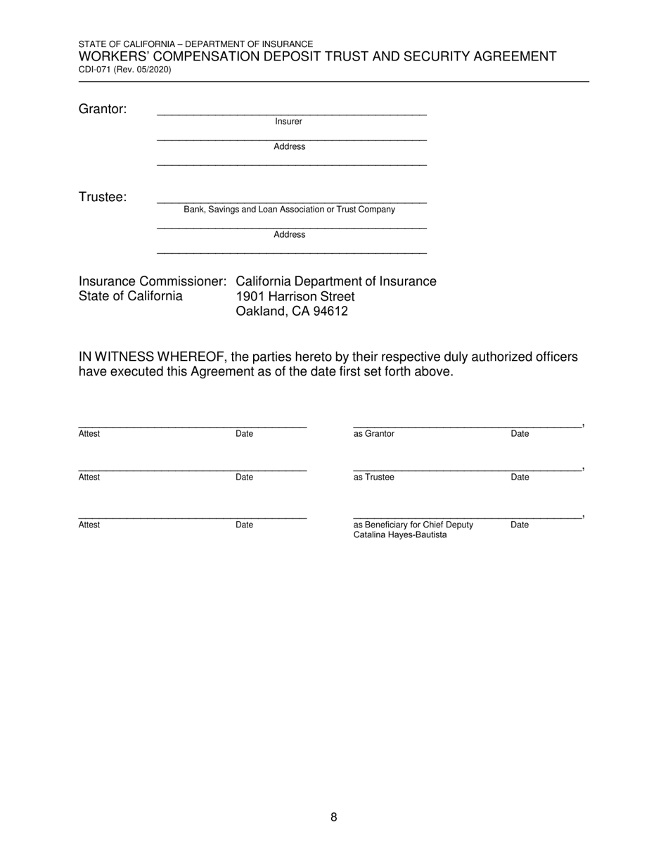 Form CDI-071 Workers Compensation Deposit Trust and Security Agreement - California, Page 8