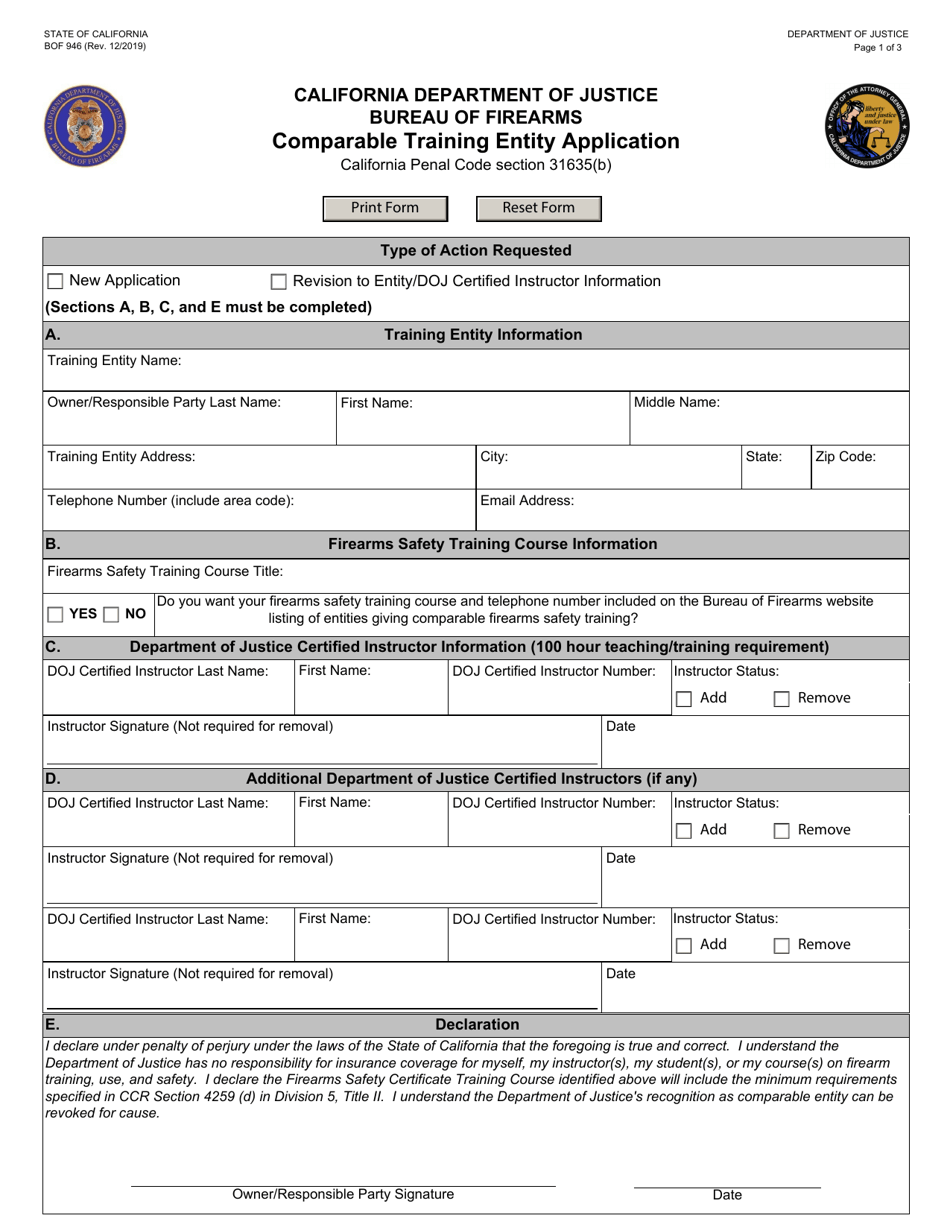 Form BOF946 Comparable Training Entity Application - California, Page 1