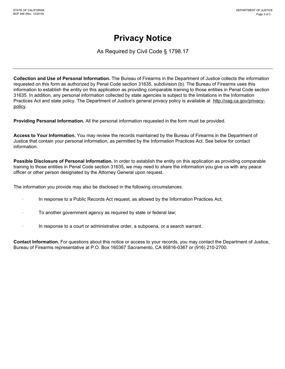 Form BOF946 Comparable Training Entity Application - California, Page 3