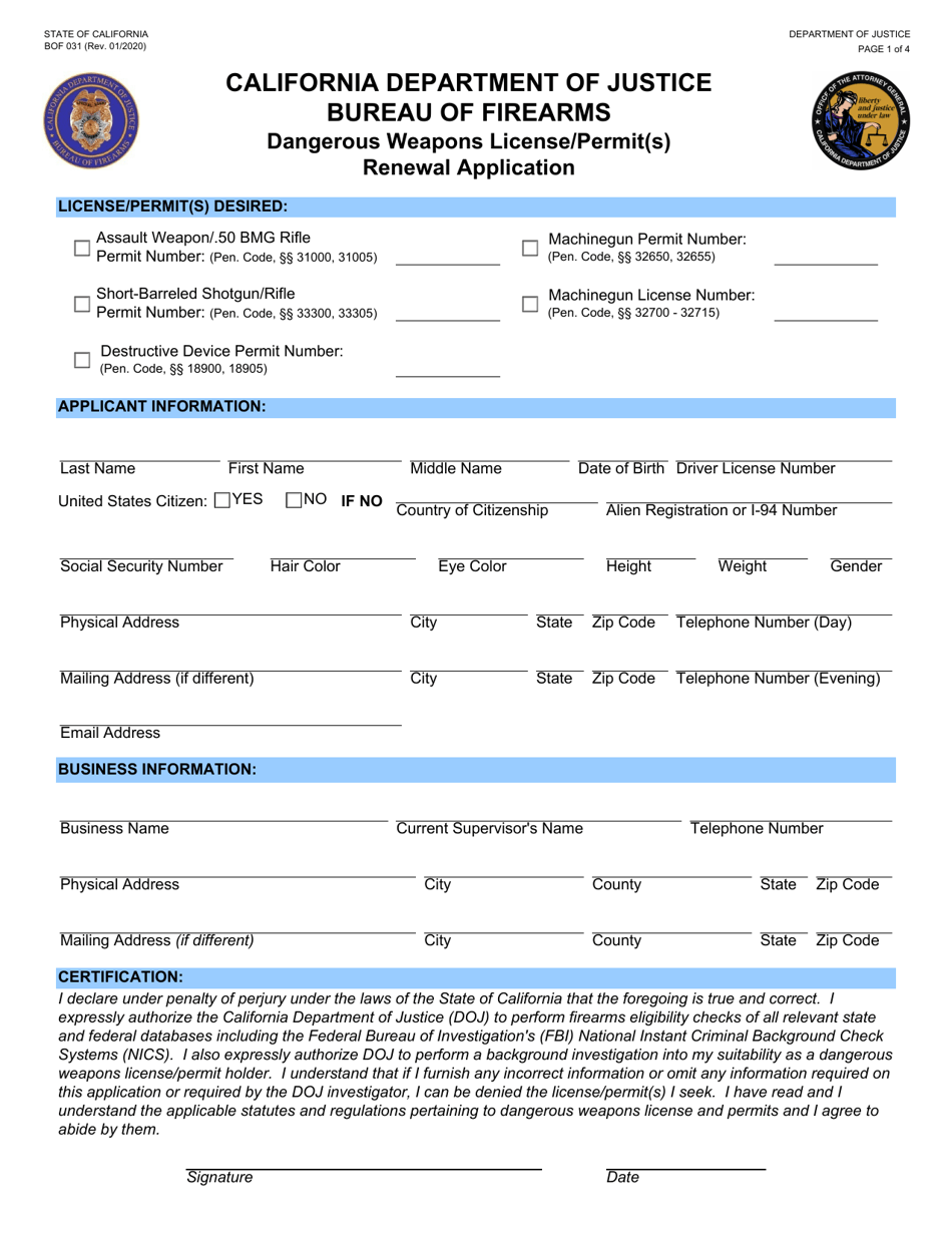 Form BOF031 Dangerous Weapons License / Permit(S) Renewal Application - California, Page 1