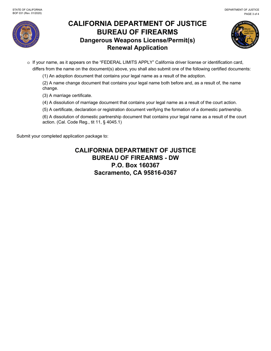 Form BOF031 Dangerous Weapons License / Permit(S) Renewal Application - California, Page 3