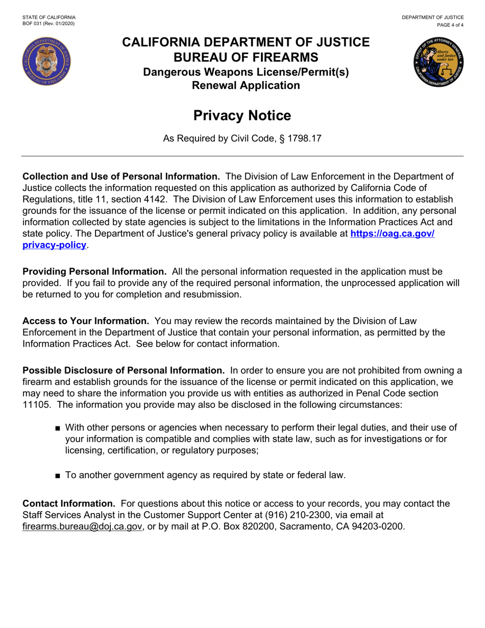 Form BOF031 Dangerous Weapons License / Permit(S) Renewal Application - California, Page 4