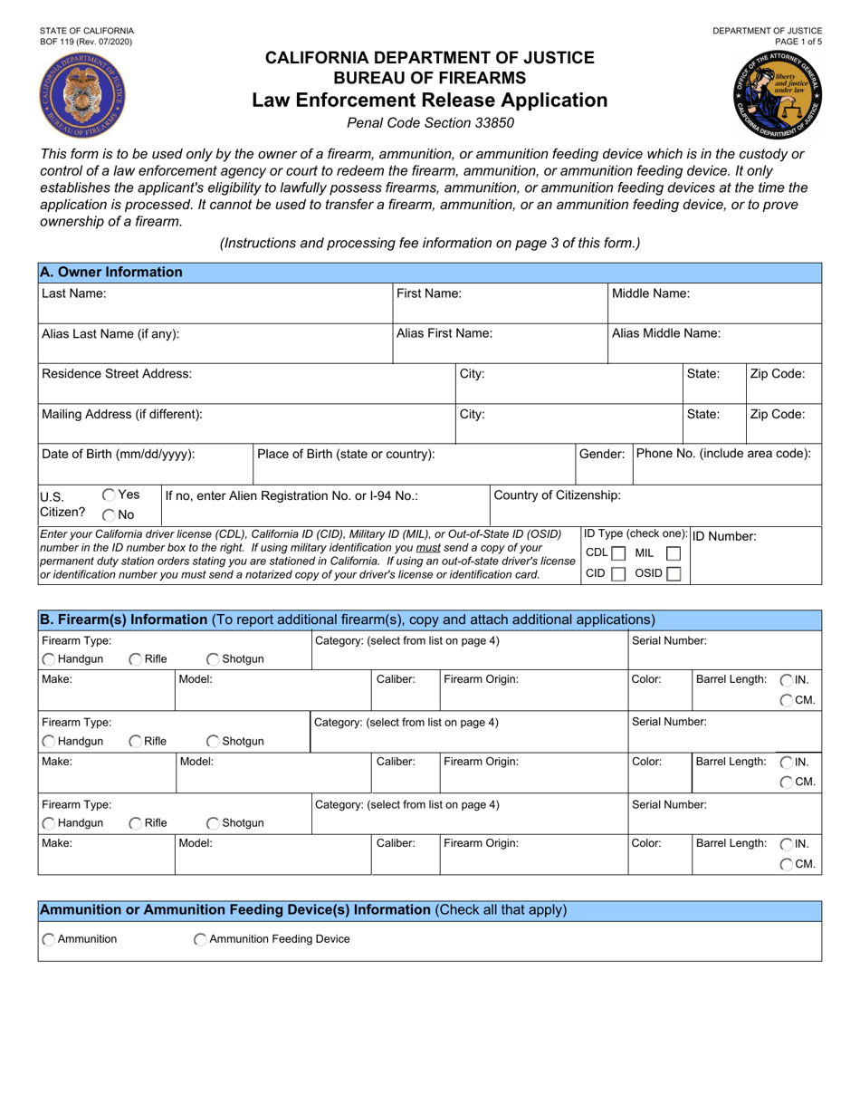 Form BOF119 Law Enforcement Release Application - California, Page 1