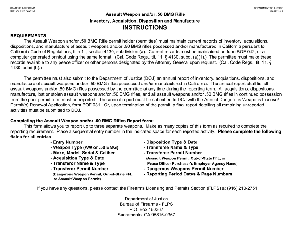 Form BOF042 Assault Weapon and / or .50 Bmg Rifle Inventory, Acquisition, Disposition and Manufacture - California, Page 2