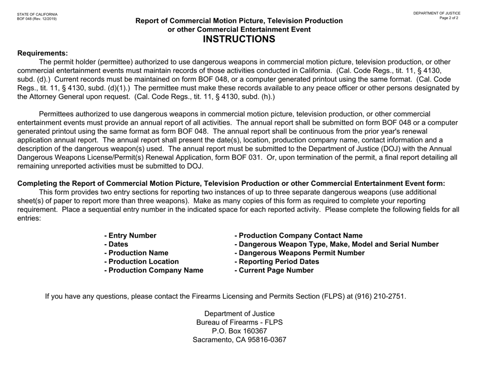 Form BOF048 Report of Commercial Motion Picture, Television Production or Other Commercial Entertainment Event - California, Page 2