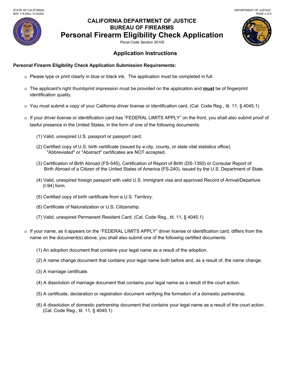 Form BOF116 Download Fillable PDF or Fill Online Personal Firearm Eligibility Check Application