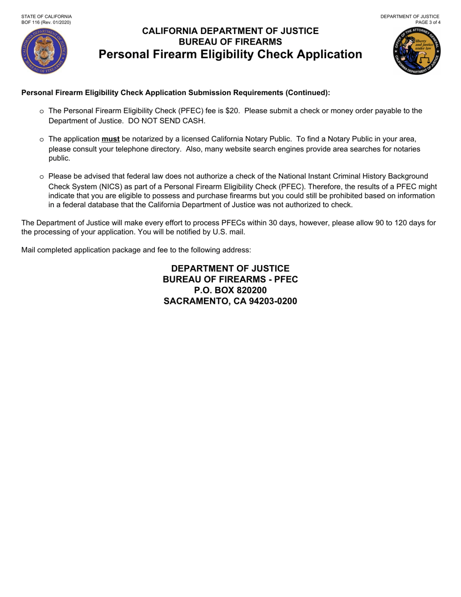 Form BOF116 Download Fillable PDF or Fill Online Personal Firearm Eligibility Check Application
