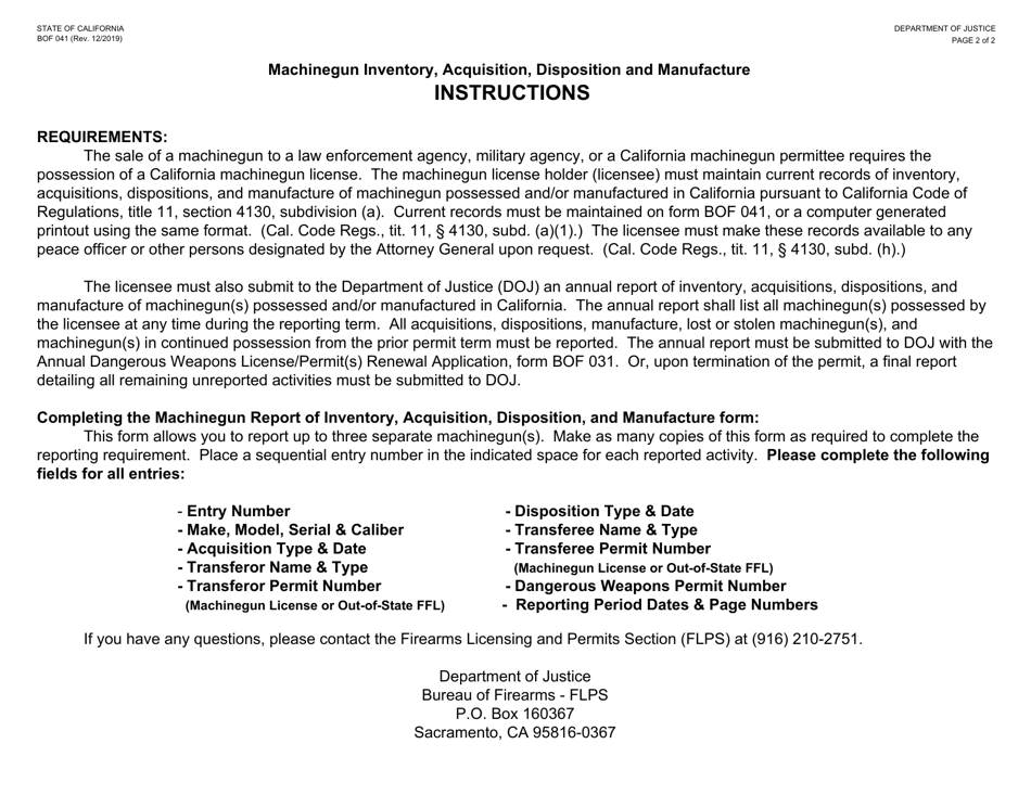 Form BOF041 Report of Machinegun Inventory, Acquisition, Disposition and Manufacture - California, Page 2