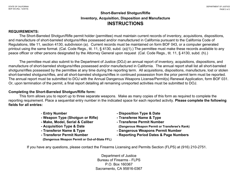 Form BOF043 Report of Short-Barreled Shotgun / Rifle Inventory, Acquisition, Disposition and Manufacture - California, Page 2