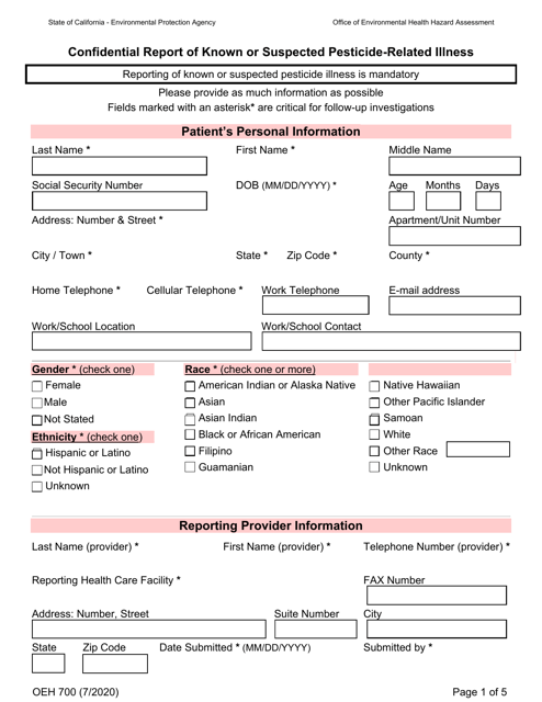 Form OEH700 Confidential Report of Known or Suspected Pesticide-Related Illness - California
