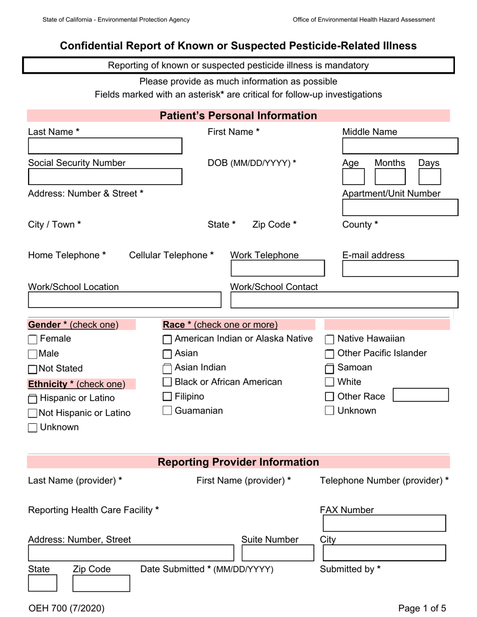 Form OEH700 Confidential Report of Known or Suspected Pesticide-Related Illness - California, Page 1