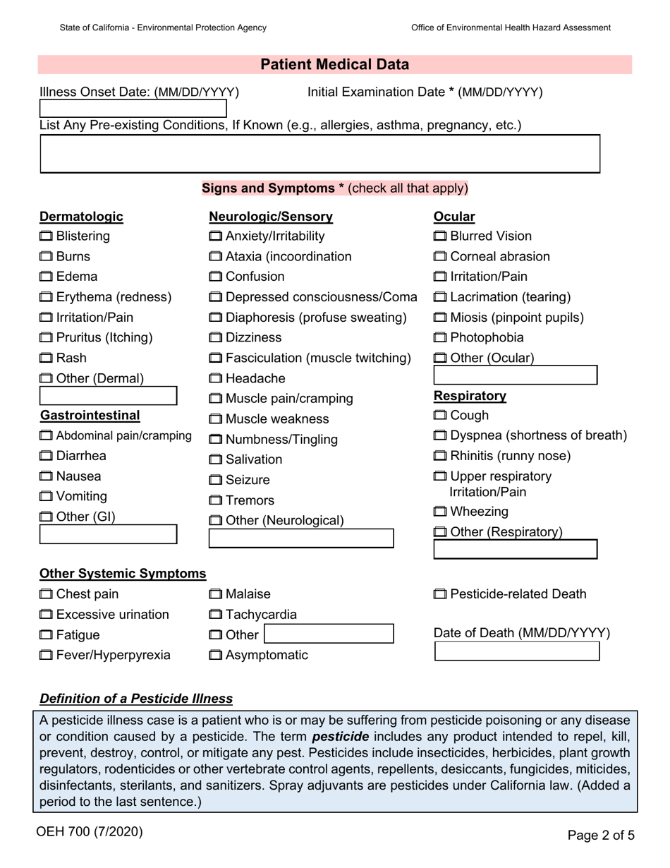 Form OEH700 Confidential Report of Known or Suspected Pesticide-Related Illness - California, Page 2