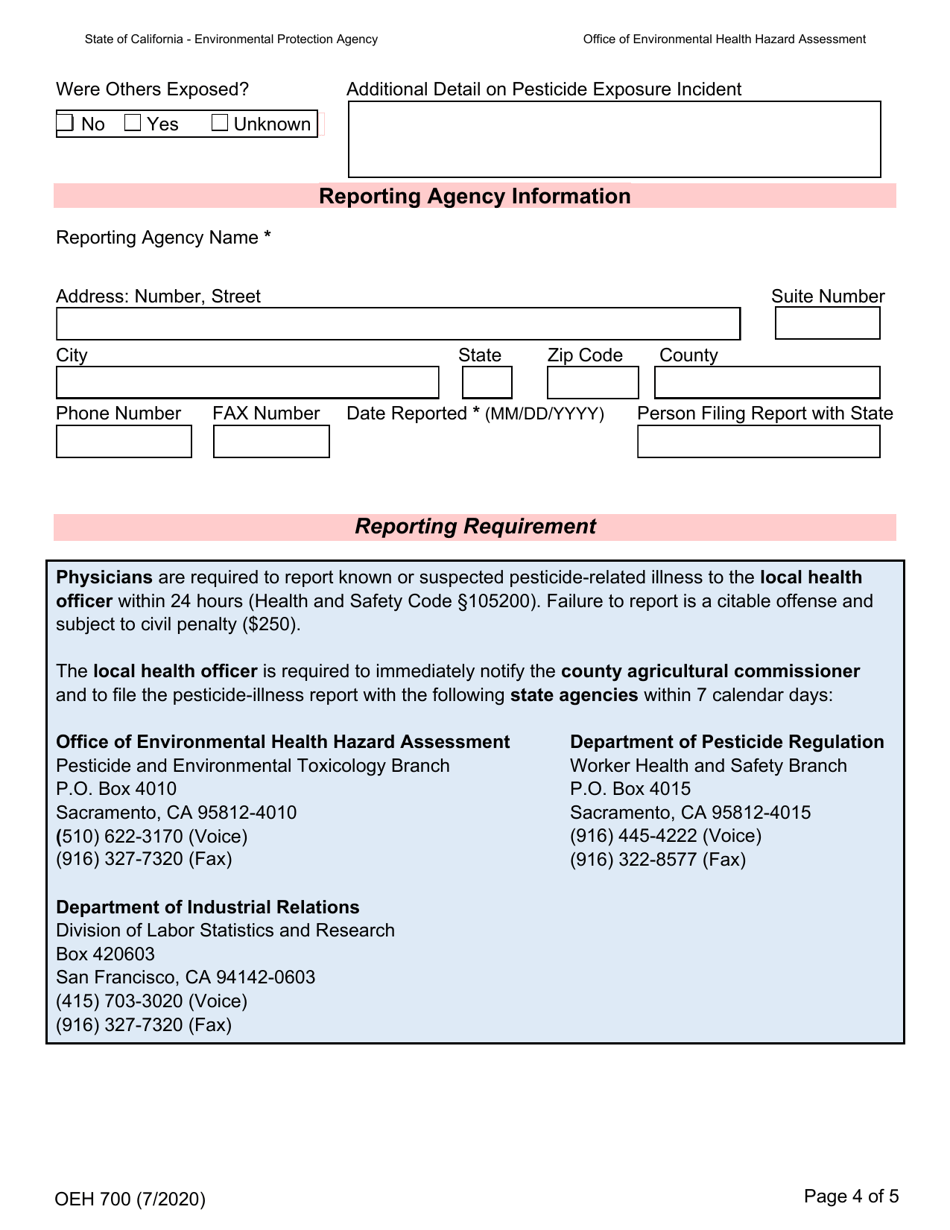 Form OEH700 Confidential Report of Known or Suspected Pesticide-Related Illness - California, Page 4