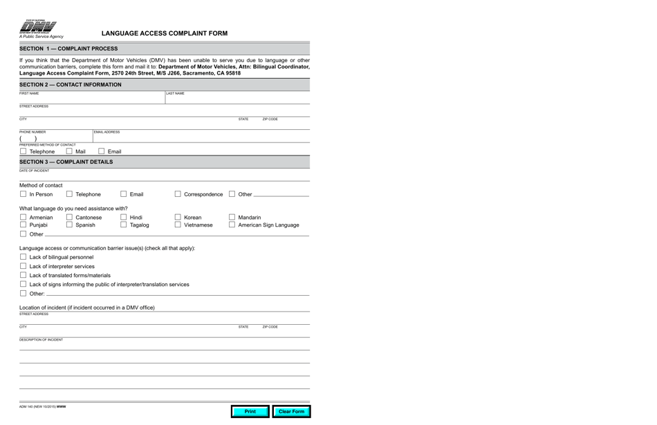 Form ADM140 Language Access Complaint Form - California, Page 1