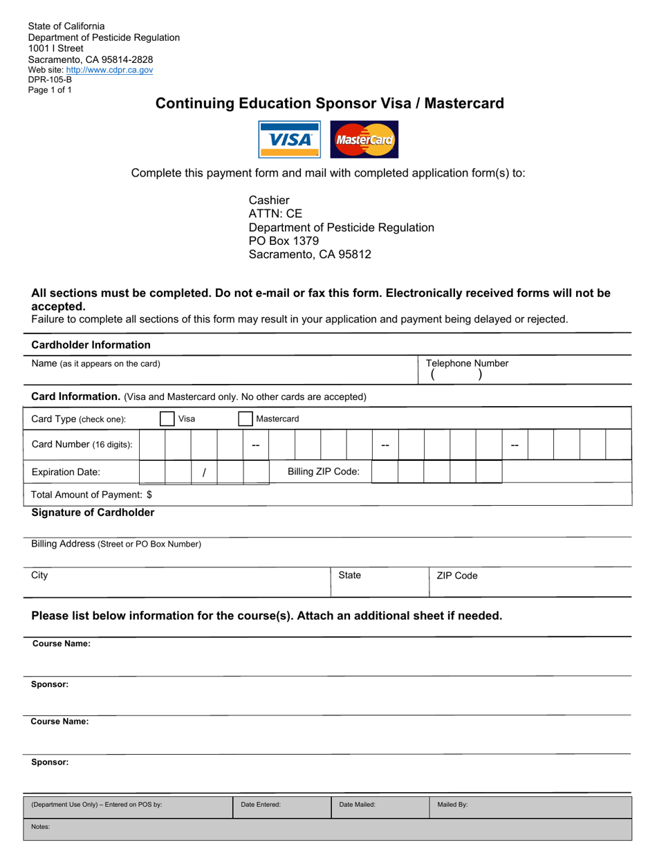 Form DPR-105-B Continuing Education Sponsor Visa / Mastercard - California, Page 1