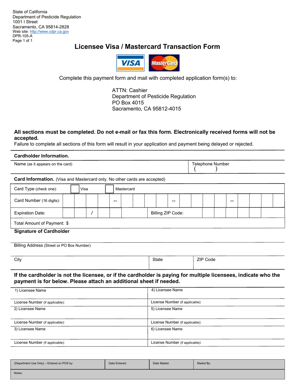 Form DPR-105-A Licensee Visa / Mastercard Transaction Form - California, Page 1