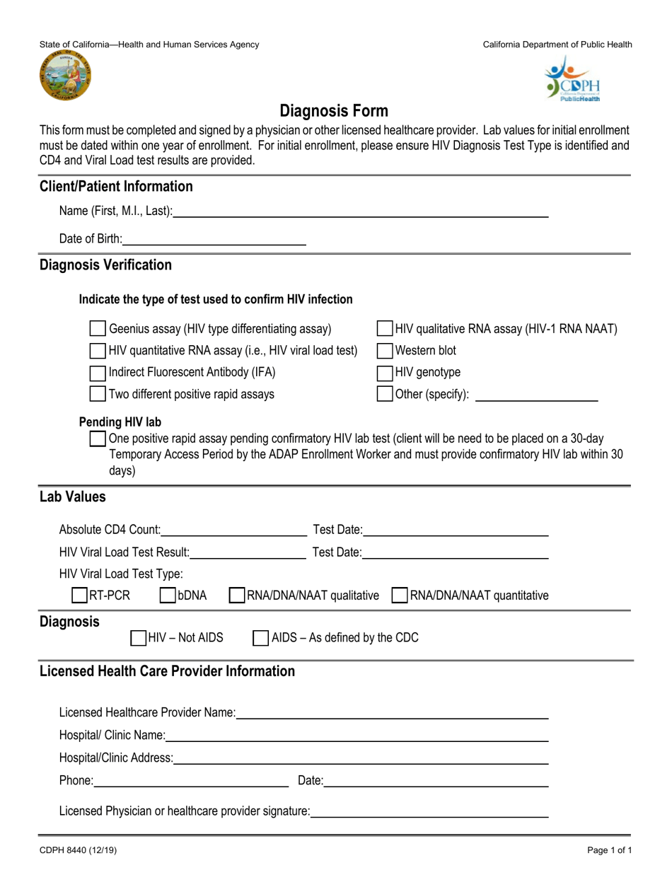 Form CDPH8440 Diagnosis Form - California, Page 1