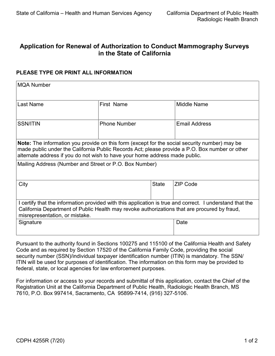 Form CDPH4255R Application for Renewal of Authorization to Conduct Mammography Surveys in the State of California - California, Page 1