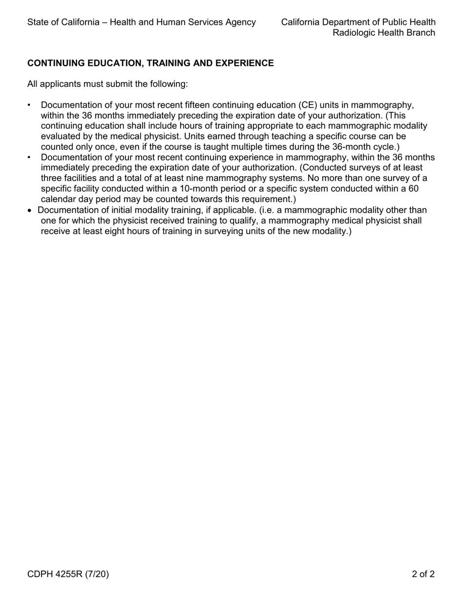 Form CDPH4255R Application for Renewal of Authorization to Conduct Mammography Surveys in the State of California - California, Page 2