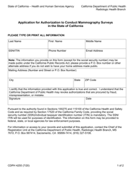 Form CDPH4255 Application for Authorization to Conduct Mammography Surveys in the State of California - California