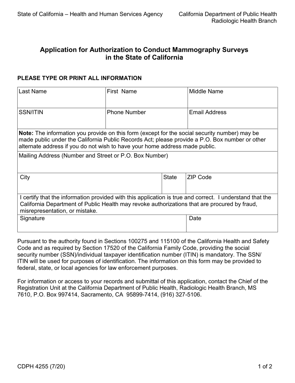 Form CDPH4255 Application for Authorization to Conduct Mammography Surveys in the State of California - California, Page 1