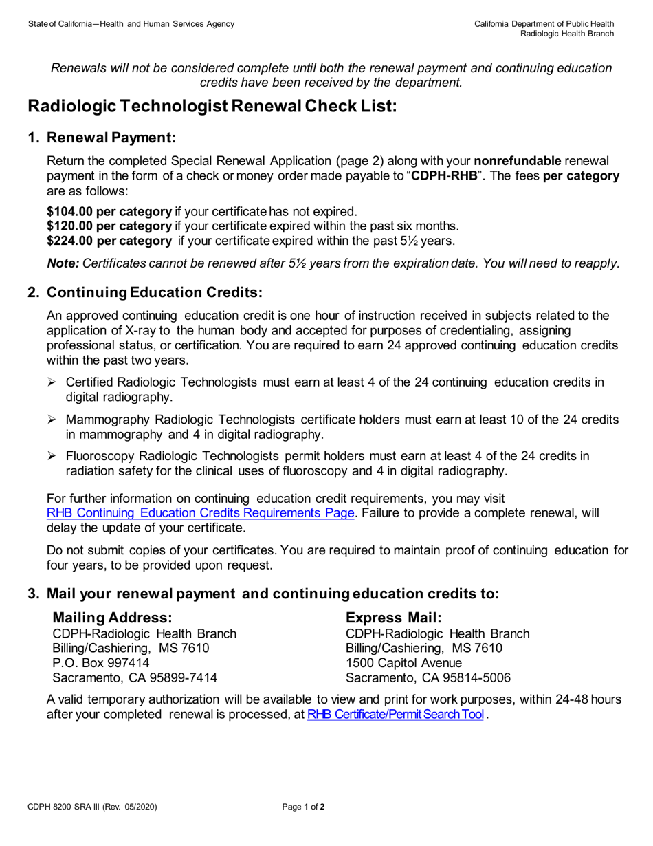 Form CDPH8200 SRA III Radiologic Technologist Special Renewal Application - California, Page 1