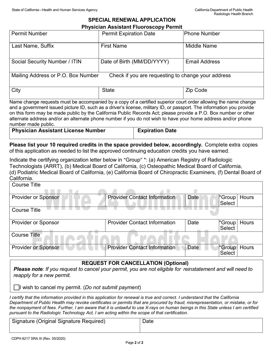 Form CDPH8217 SRA III Physician Assistant Fluoroscopy Permit Renewal - California, Page 2
