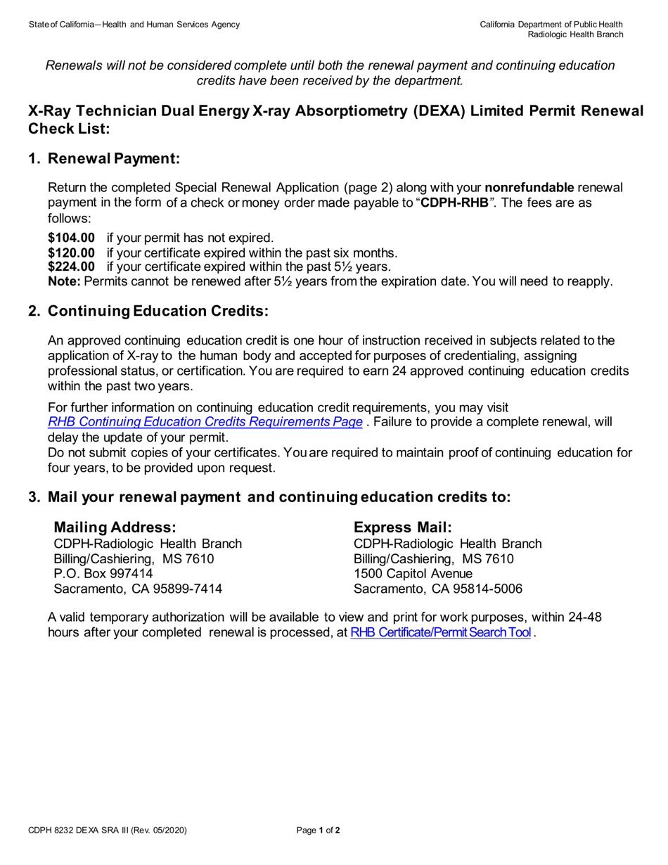 Form CDPH8232 DEXA SRA III X-Ray Technician Dual Energy X-Ray Absorptiometry (Dexa) Limited Permit Renewal - California, Page 1