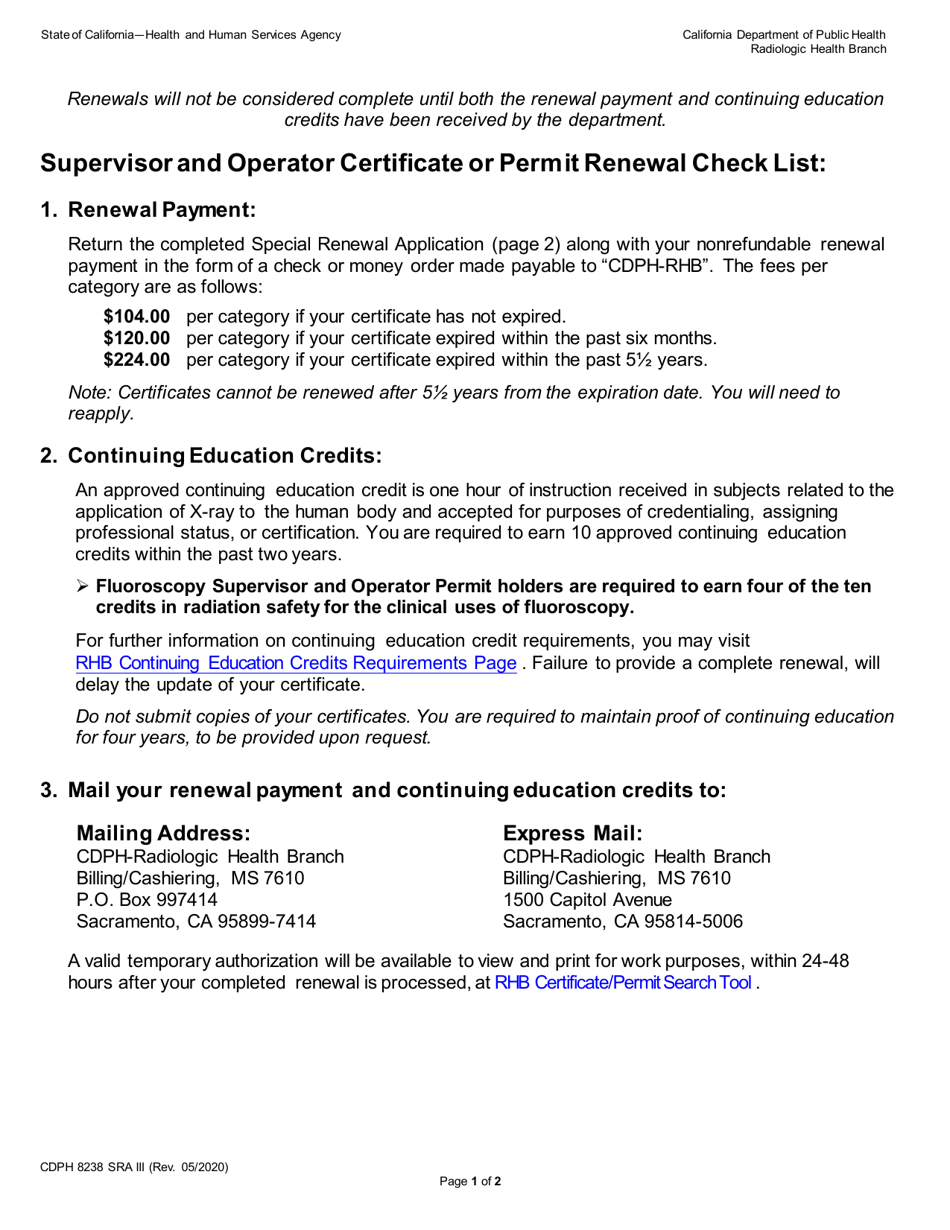 Form CDPH8238 SRA III Supervisor and Operator Certificate or Permit Renewal - California, Page 1