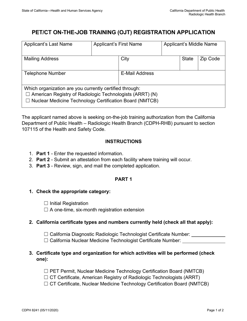 Form CDPH8241 Pet / Ct on-The-Job Training (Ojt) Registration Application - California, Page 1