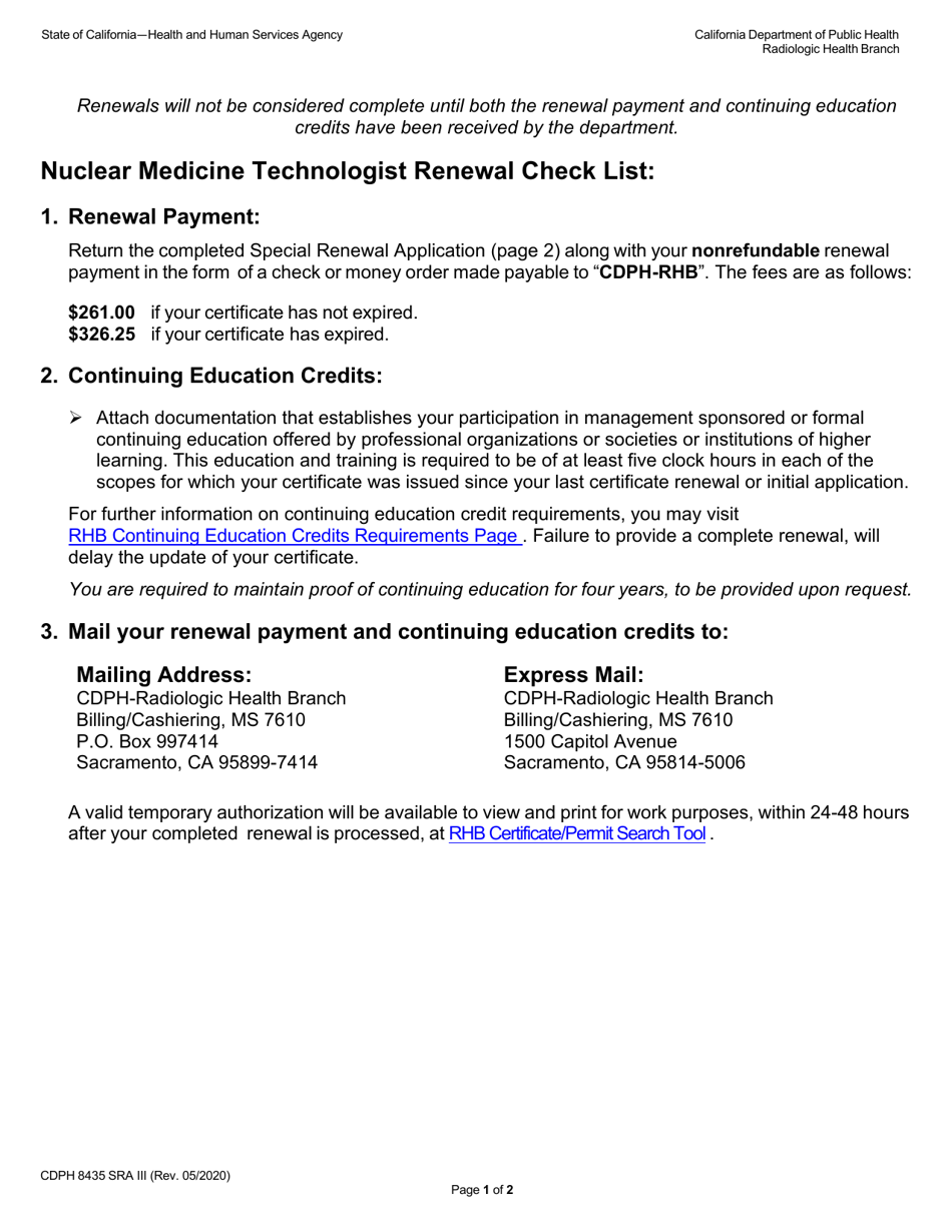 Form CDPH8435 SRA III California Nuclear Medicine Technology Certificate Renewal - California, Page 1