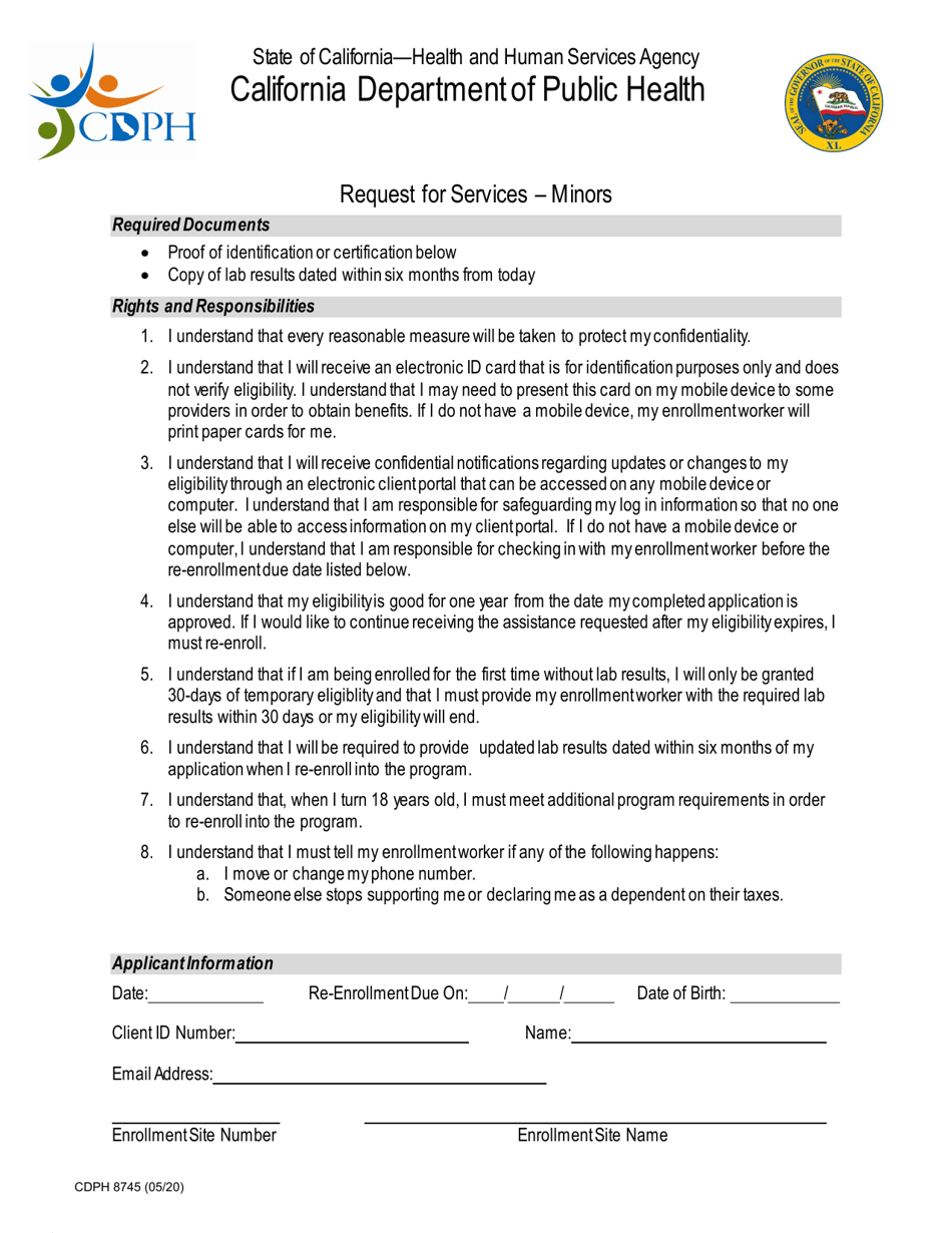 Form CDPH8745 Request for Services - Minors - California, Page 1