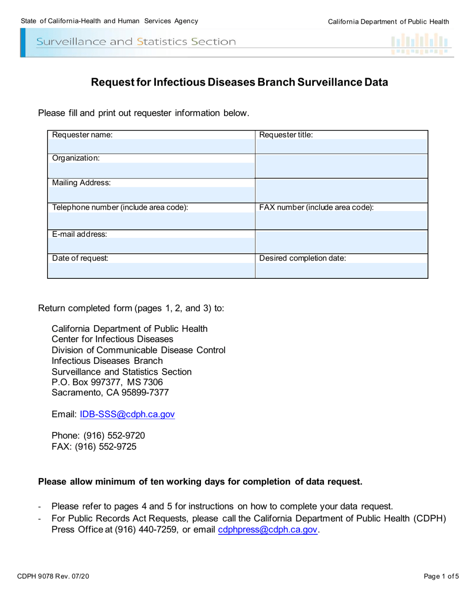 Form CDPH9078 Request for Infectious Diseases Branch Surveillance Data - California, Page 1