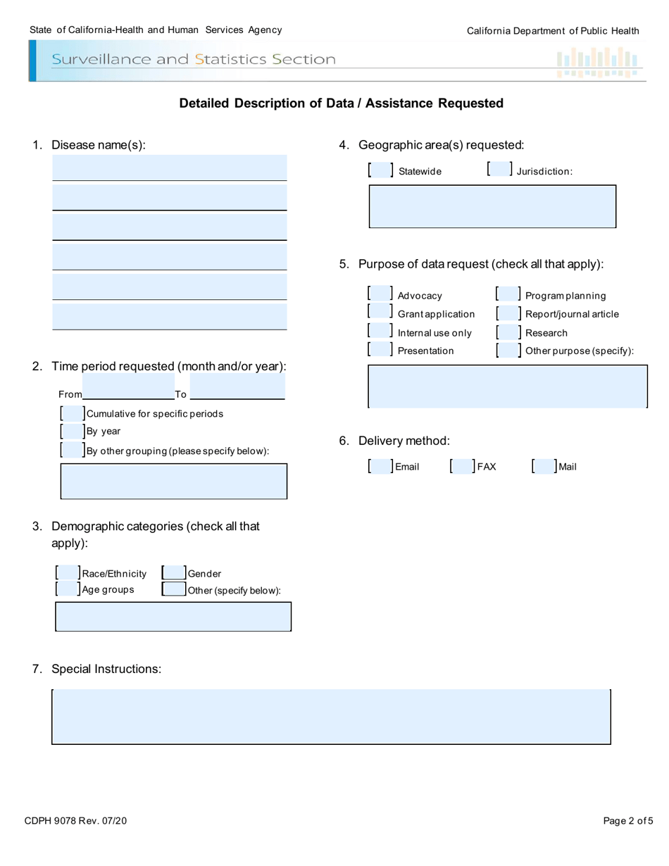 Form CDPH9078 Request for Infectious Diseases Branch Surveillance Data - California, Page 2