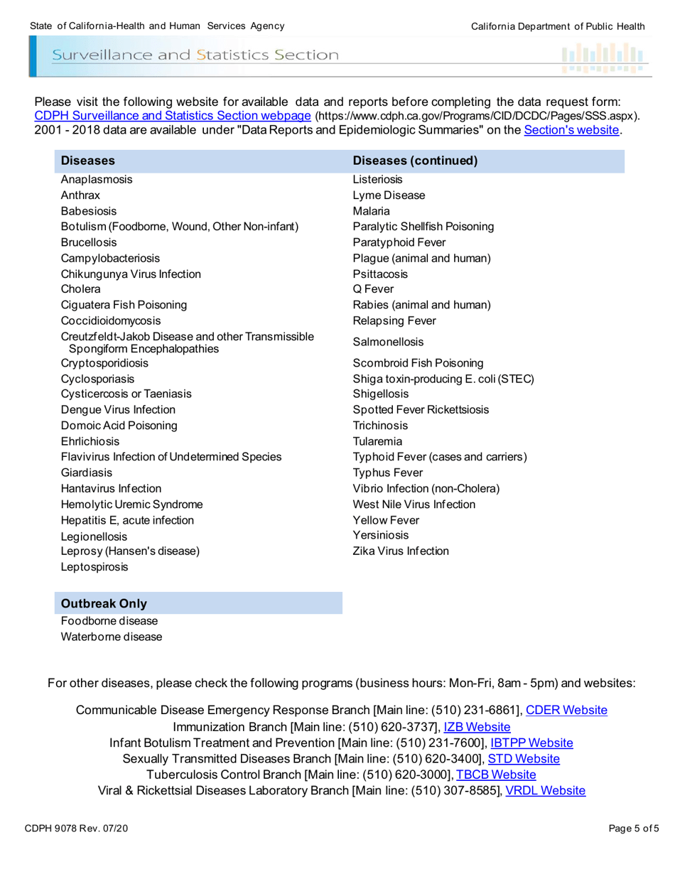 Form CDPH9078 Request for Infectious Diseases Branch Surveillance Data - California, Page 5