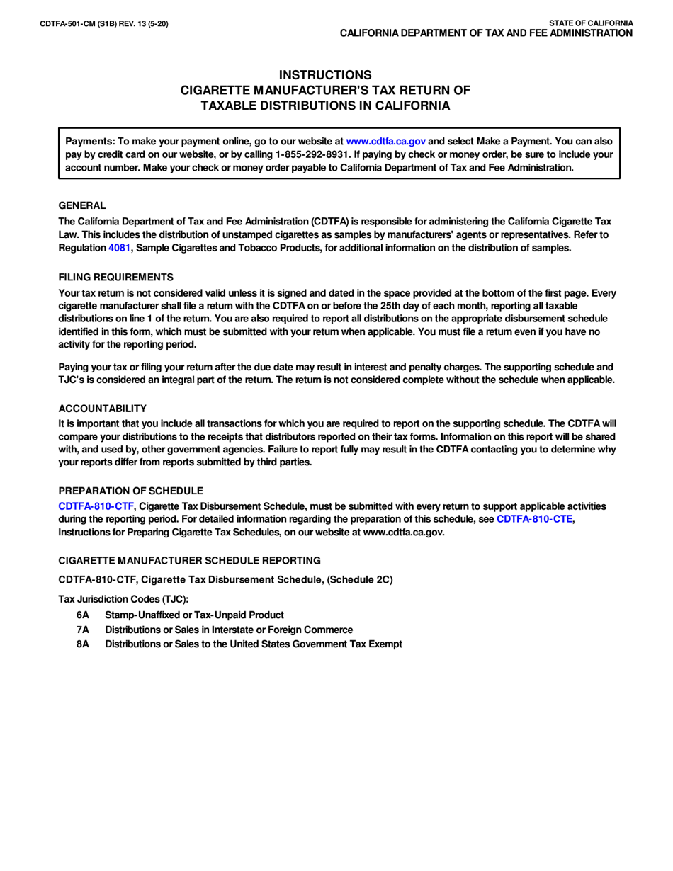 Form CDTFA-501-CM Cigarette Manufacturers Tax Return of Taxable Distributions in California - California, Page 2