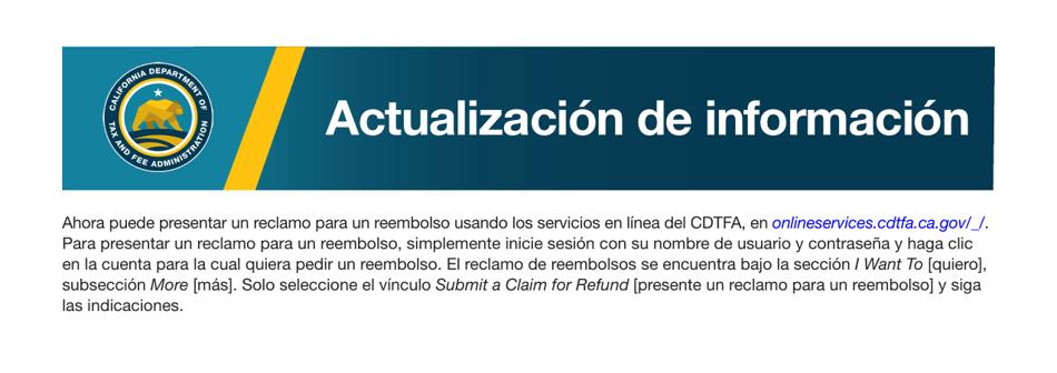 Formulario CDTFA-101-S Reclamar Un Reembolso O Credito - California (Spanish), Page 1