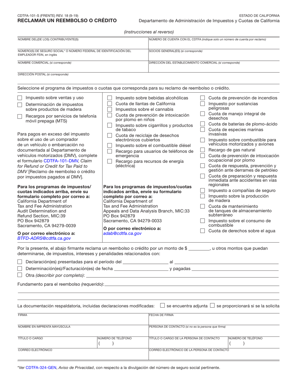 Formulario CDTFA-101-S Reclamar Un Reembolso O Credito - California (Spanish), Page 2