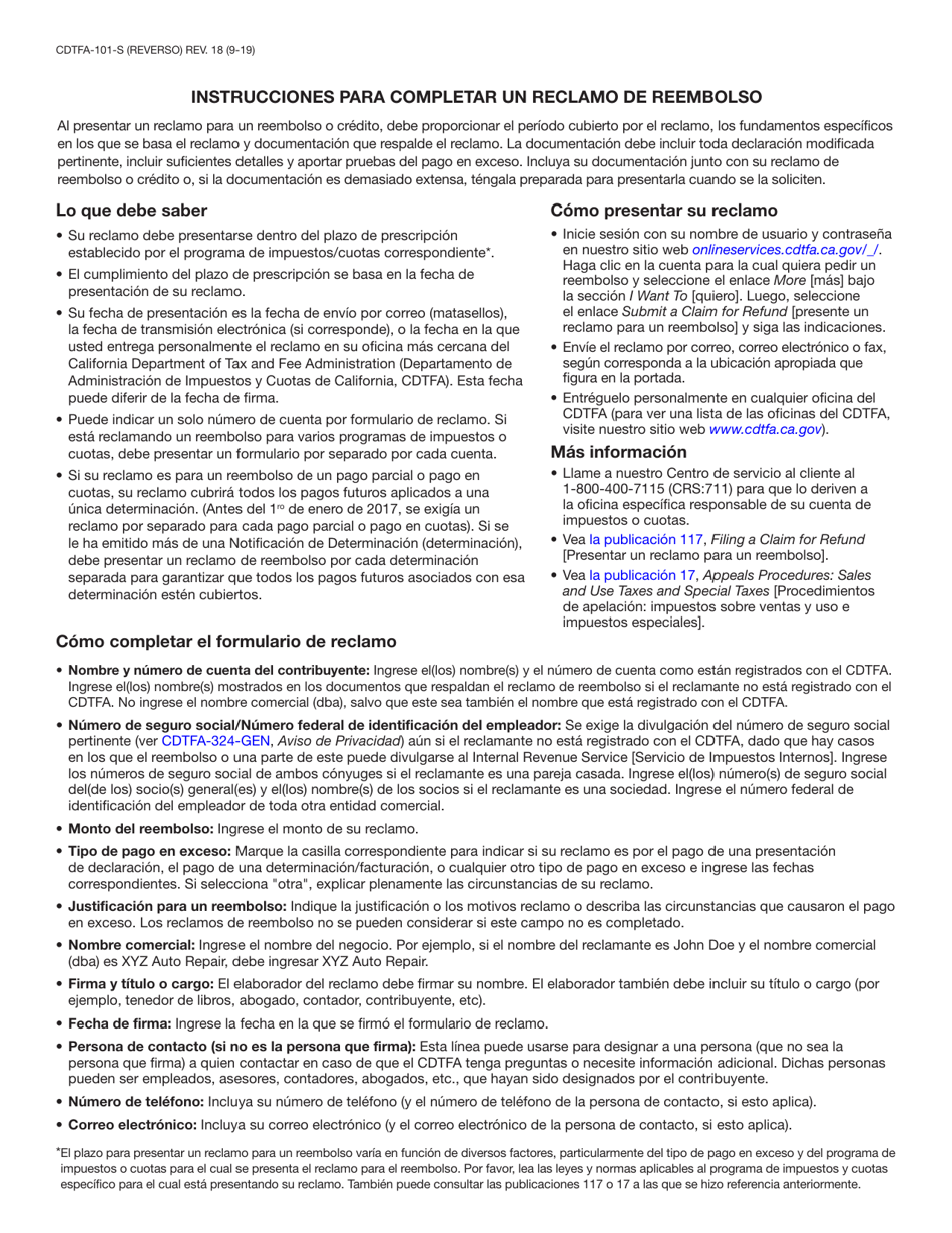 Formulario CDTFA-101-S Reclamar Un Reembolso O Credito - California (Spanish), Page 3