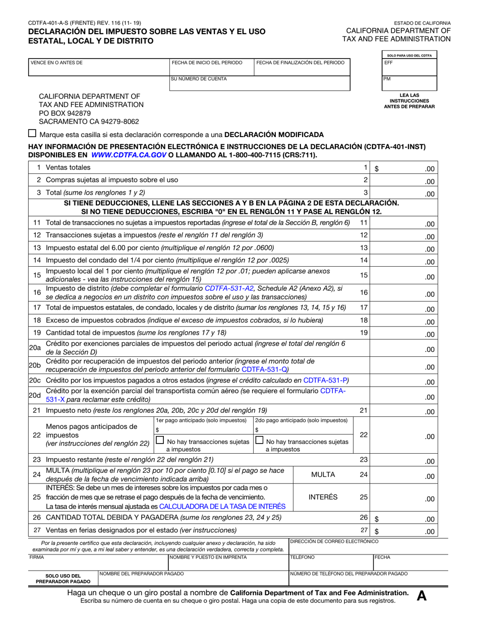 Formulario CDTFA-401-A-S Declaracion De Impuesto Sobre Las Ventas Y Sobre El Uso Estatal, Local Y De Distrito - California (Spanish), Page 1