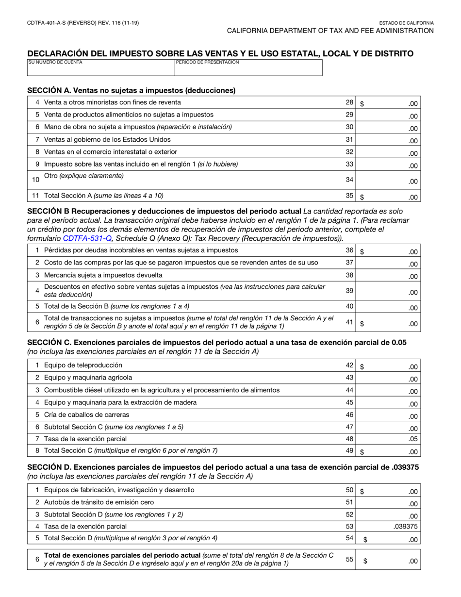Formulario CDTFA-401-A-S Declaracion De Impuesto Sobre Las Ventas Y Sobre El Uso Estatal, Local Y De Distrito - California (Spanish), Page 2