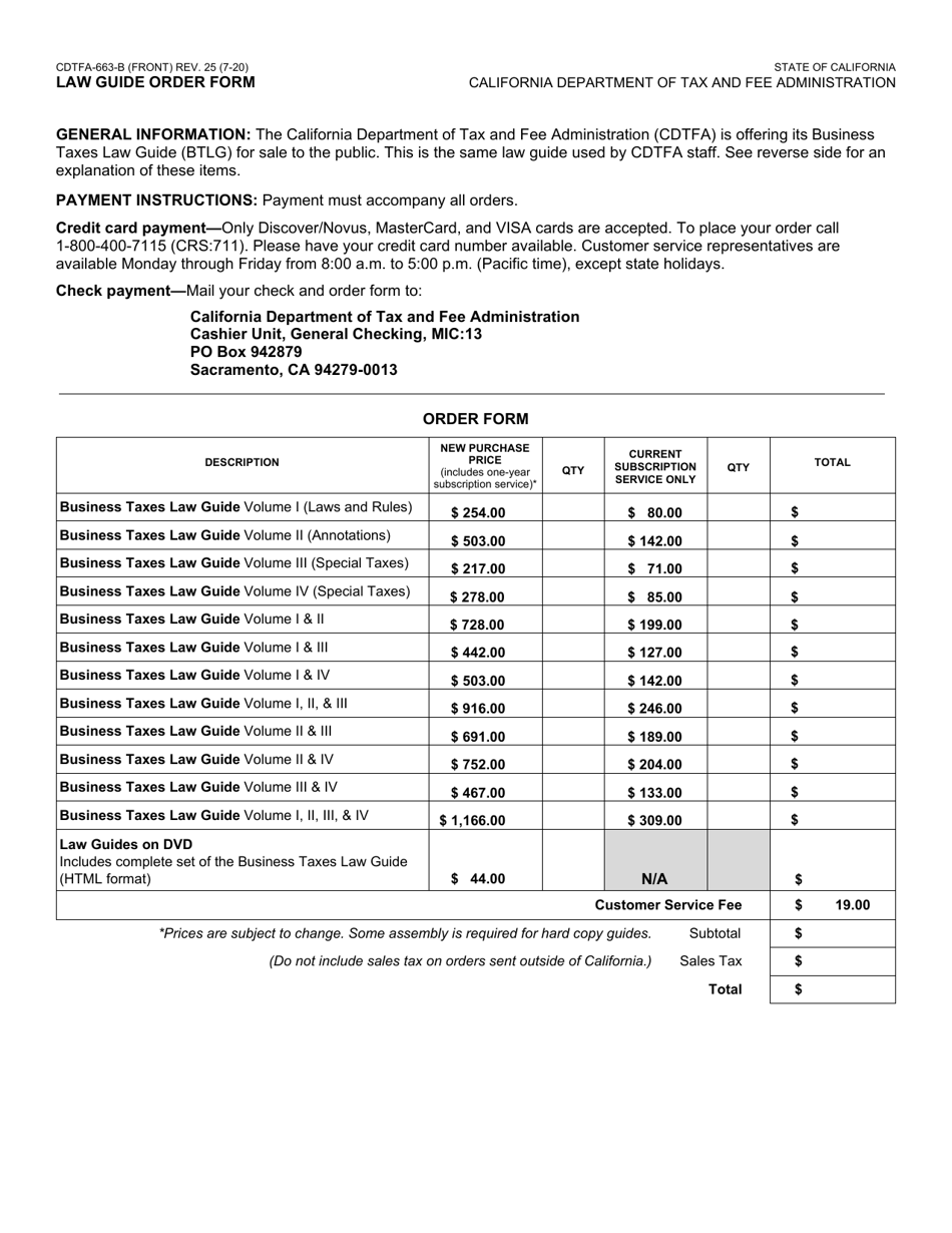 Form CDTFA663B Download Fillable PDF or Fill Online Law Guide Order