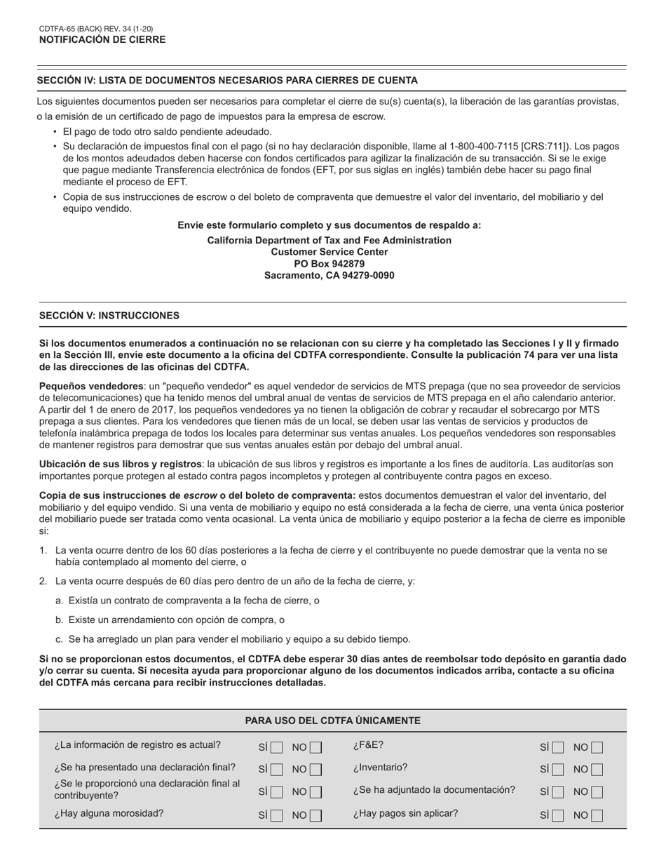 Formulario CDTFA-65-S Notificacion De Cierre - California (Spanish), Page 2