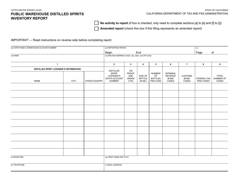 Form CDTFA-506-PW Public Warehouse Distilled Spirits Inventory Report - California