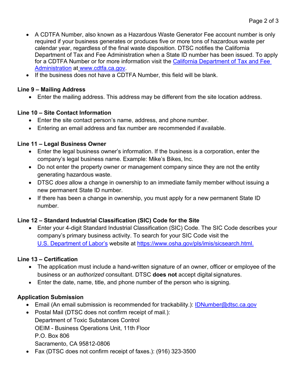 DTSC Form 1358 Permanent State Id Number Application - California, Page 2