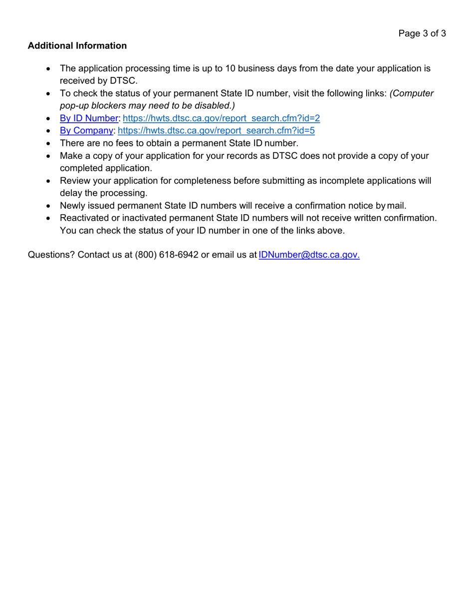 DTSC Form 1358 Permanent State Id Number Application - California, Page 3