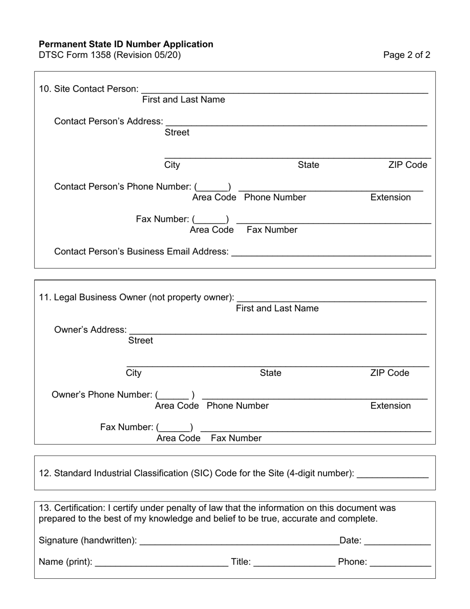 DTSC Form 1358 Permanent State Id Number Application - California, Page 5