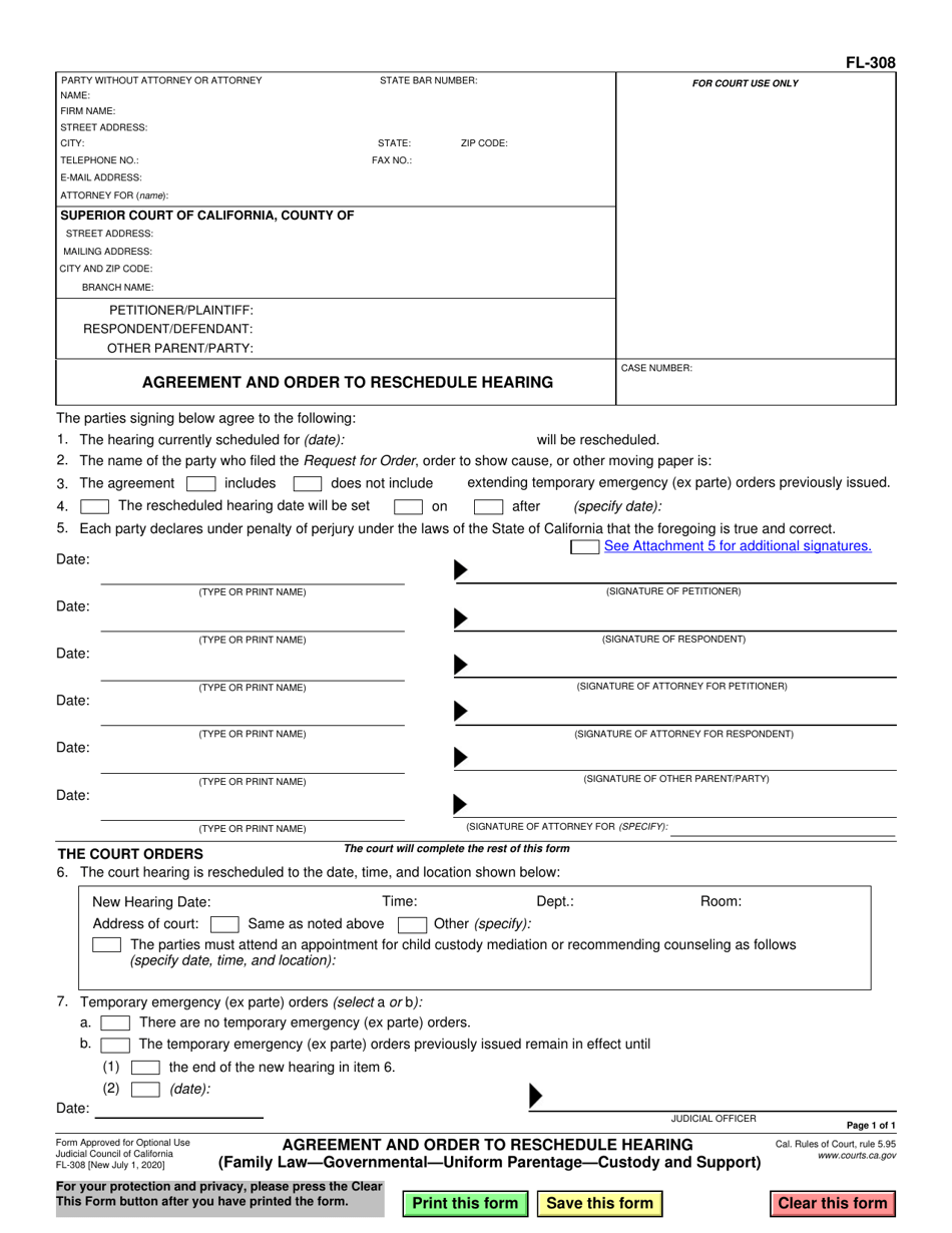 Form FL-308 Agreement and Order to Reschedule Hearing - California, Page 1